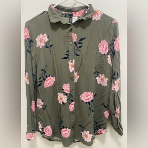 H & M Divided Floral Button-Up Blouse - Green and Pink